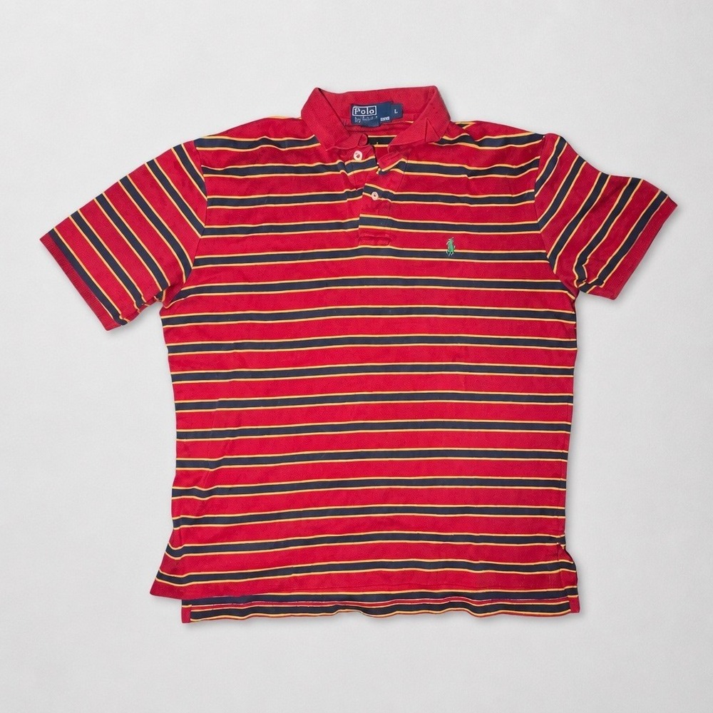Polo Ralph Lauren Mens Large Striped Polo Shirt Red Navy Blue Yellow S/S